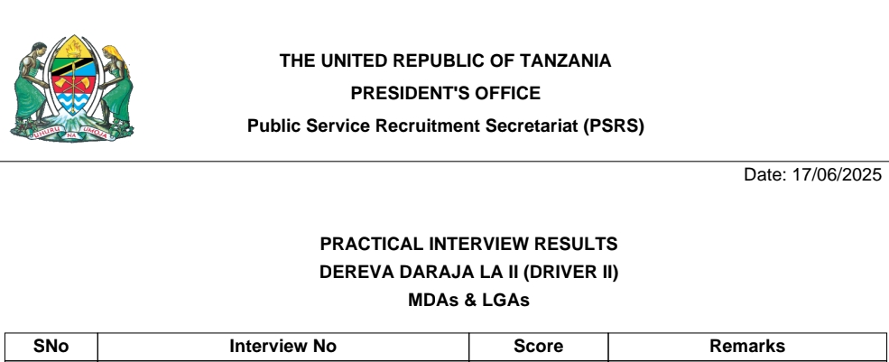 MATOKEO ya Usaili wa Vitendo Dereva Daraja la II MDAs & LGAs